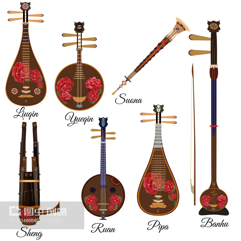 中国弦乐和风乐器矢量套装,风格扁平。Vector set of chinese string and wind musical instruments, flat style.